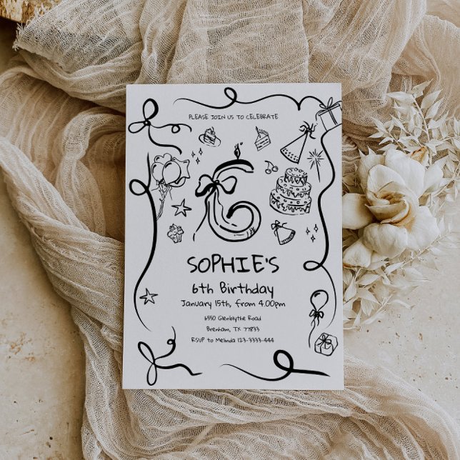 Convite 6 Aniversário, 6 de Aniversário Desenhado à Mão (Criador carregado)