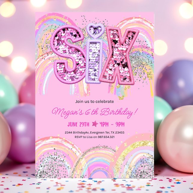 Convite 6 Birthday Invitation Girl Editable Rainbow Sequ (Criador carregado)