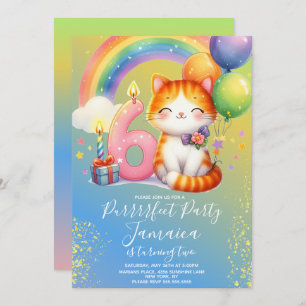 Convite 6 Birthday Kitten Rainbow Party