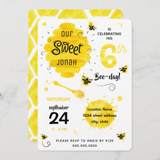Convite 6 Birthday pun BEE day Honey Bee Yellow (Frente/Verso)