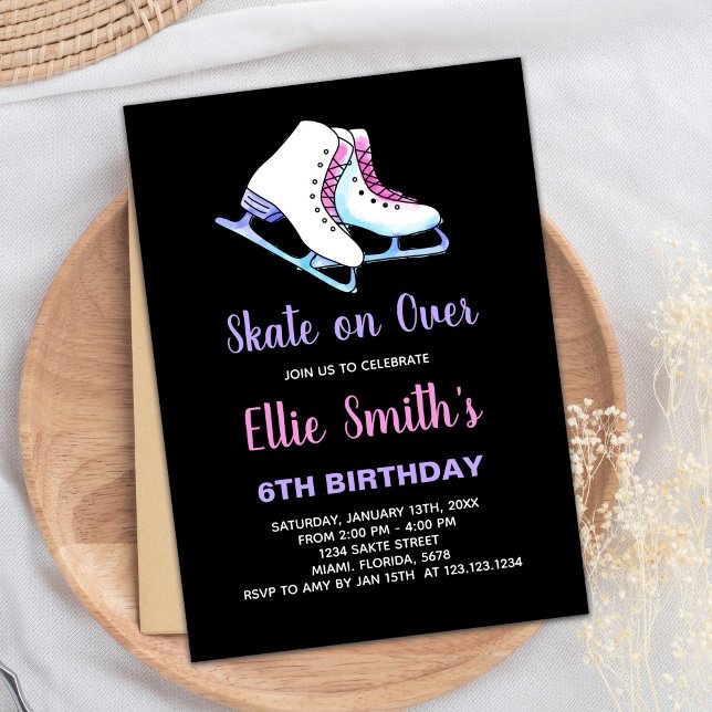 Convite 6 Black Purple Ice Sking Aniversário (6th Black Purple Ice Skating Birthday Invitations)