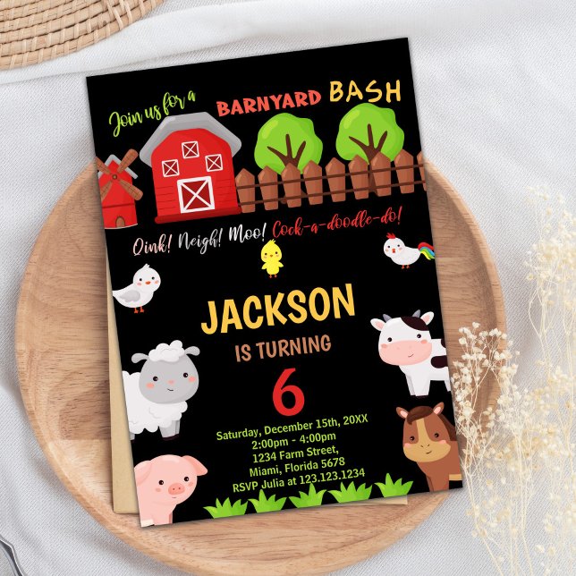 Convite 6 Black Red Farm Animais Invasores de Aniversário (6th Black Red Farm Animals Birthday Invitations)