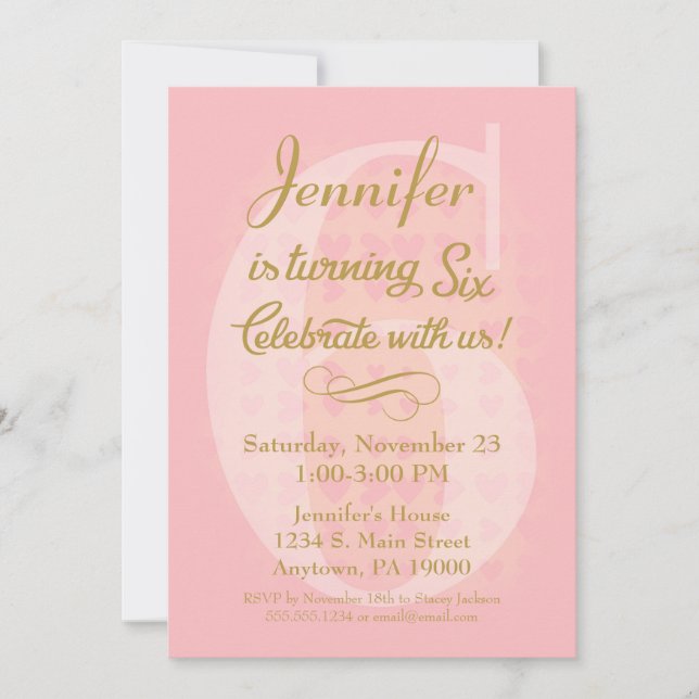 Convite 6 de Aniversário Chamando Raparigas Rosa Dourado C (Frente)
