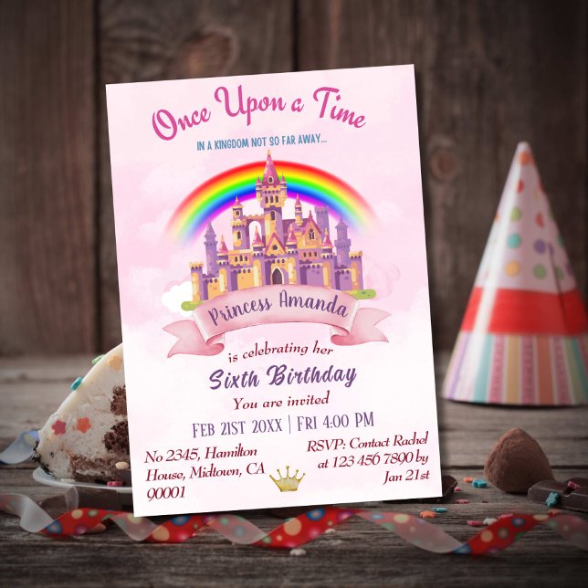 Convite 6 de aniversário da princesa arco-íris do castelo  (Criador carregado)