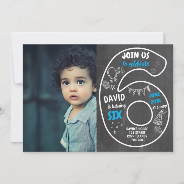 Convite 6 de Aniversário do Menino com o Número de Fotogra (Frente)