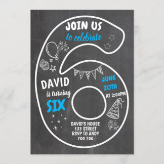 Convite 6 de Aniversário Sexto Número de Quadro Azul