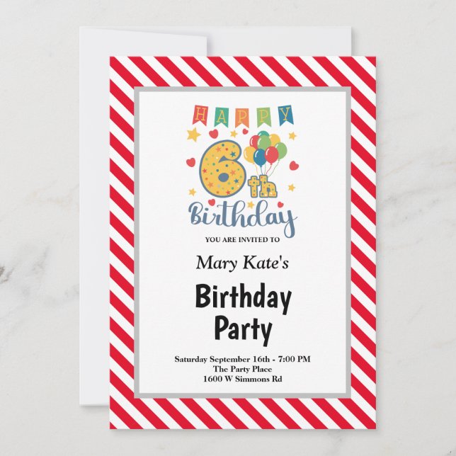 Convite 6 de Festa de aniversário com estrutura de faixas  (Frente)