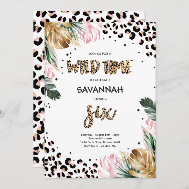 Convite 6 de Impressão de Leopardo - Festa da Selva Safari (Frente/Verso)