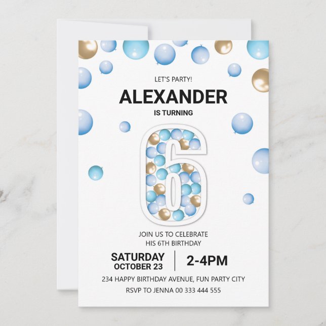 Convite 6 Festa de aniversário, Blue e Dourado Balon Boy (Frente)