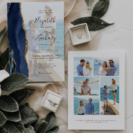 Convite 6-Foto Azul-Marinho Ágata Dourada Casamento