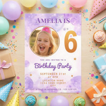 6 Purple Gold Star Bubbles 6th Birthday Invitation
