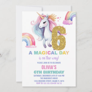 Convite 6 Rainbow Unicorn Aniversações de Aniversário Glit
