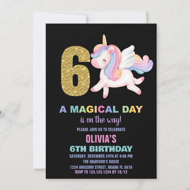 Convite 6 Rainbow Unicorn Aniversário Invoca Preto (Frente)