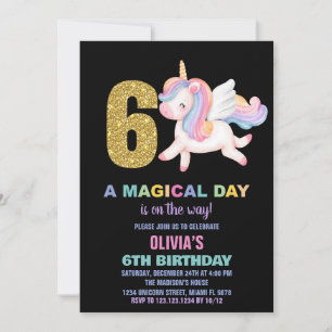 Convite 6 Rainbow Unicorn Aniversário Invoca Preto