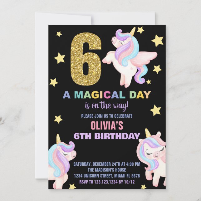Convite 6 Rainbow Unicorn Aniversário Voa (Frente)