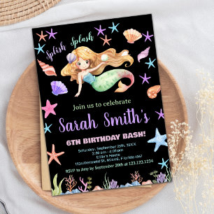 Convite 6 Roxo sob o mar Sereia Aniversário