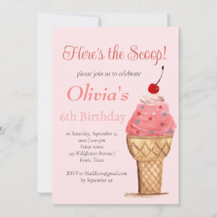 Convite 6 sorvete Birthday Girl Pink Watercolor