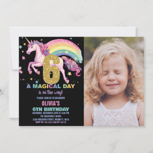 Convite 6 Unicorn Aniversário Invasões Pretos com Foto