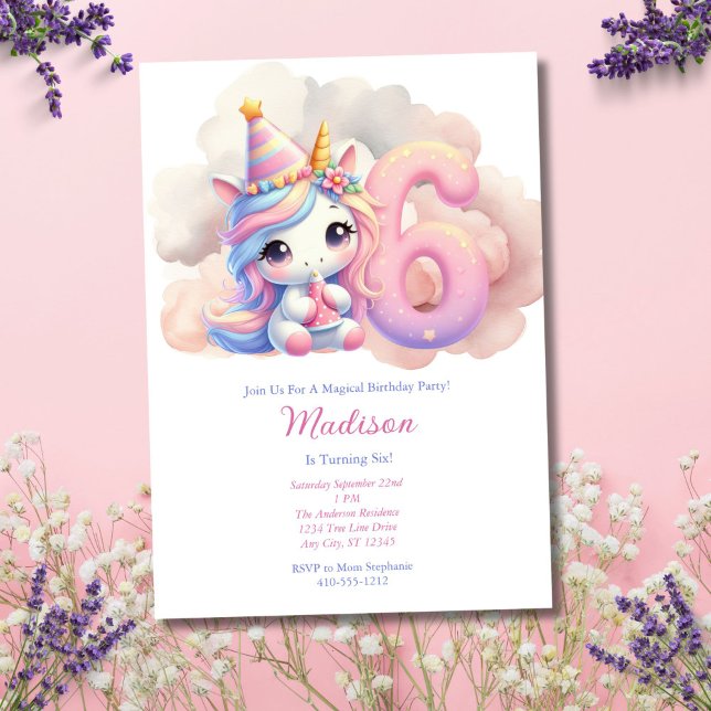 Convite 6 Unicórnio Sexta Rapariga Azul Rosa Aniversário (Unicorn 6th Sixth Birthday Party Invitation for Girl. Digital Download or Printed)
