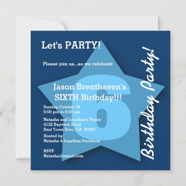 Convite 6o Bebé do aniversário seis estrelas azuis grandes (Frente)