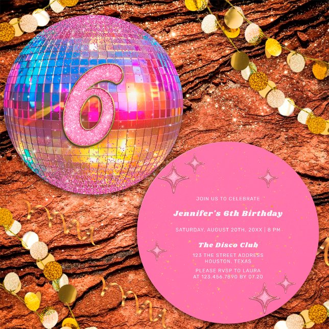 Convite 6th Birthday Party Gold Pink Glitter Disco Ball (Criador carregado)