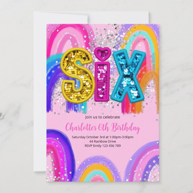 Convite 6th Birthday Sequin Rainbow Party Invitation (Frente)