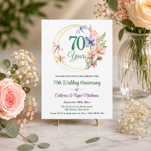 Convite 70º Aniversário de Casamento Moldura Dourada Flora