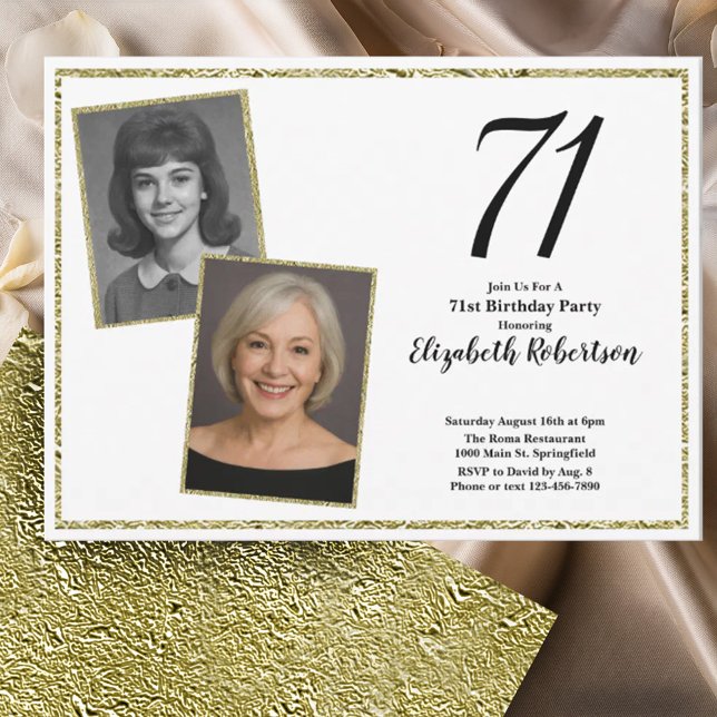 Convite 70º Personalizado Foto Branco e Dourado  (Criador carregado)