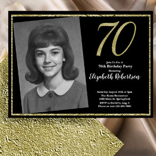 Convite 70º Personalizado Foto Preto e Dourado
