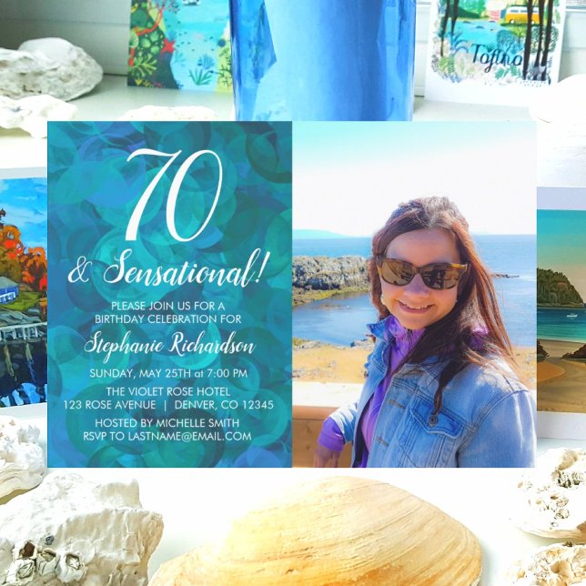 Convite 70 and Sensational Ocean Blue Photo Birthday (Criador carregado)