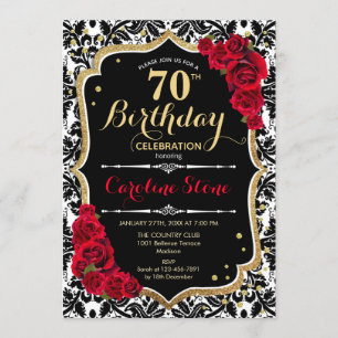 Convite 70 Aniversário - Rosa vermelha Dourado Damasco