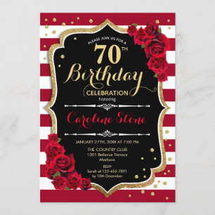 Convite 70 - Aniversário - Rosas Vermelhas Douradas de Pr