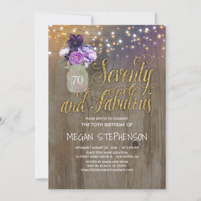 Convite 70 Aniversário Russo - Flores Roxas Mason Jar Dour (Frente)