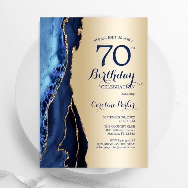 Convite 70 Azul-Agate do Marinho Dourado Aniversário (Criador carregado)
