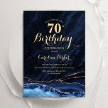 Convite 70 Azul-Dourado Agate Marble, marinho, Aniversário<br><div class="desc">convite de aniversário 70 azul e dourado agate. Elegante design moderno com cor azul-real de água agate marble geode fundo, fonte falsa de ouro brilhante e script de tipografia. Trendy convida o cartão perfeito para uma comemoração de dia das mulheres na moda. Impressos convites Zazzle ou modelo de impressão digital...</div>