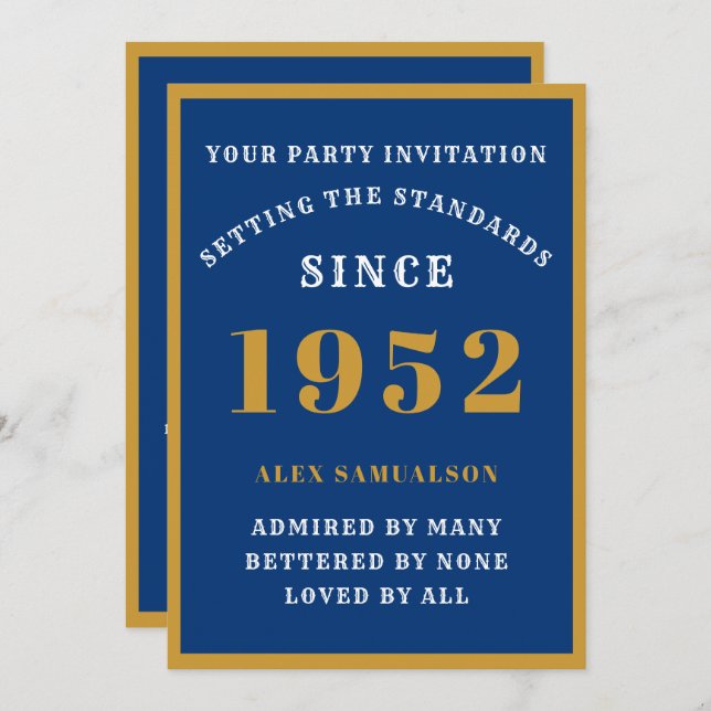 Convite 70 Birthday Add Name 1952 Elegante Chic Blue Doura (Frente/Verso)