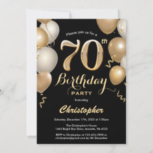Convite 70 Birthday Black and Dourado Balloons Confetti