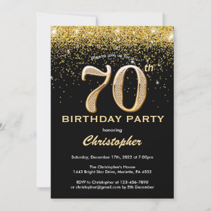 Convite 70 Birthday Black and Dourado Glitter Confetti
