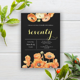 Convite 70 Birthday Black Script Orange Party Floral
