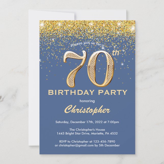 Convite 70 Birthday Blue e Dourada Glitter Confetti (Frente)