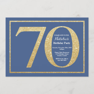 Convite 70 Birthday Blue e Dourado Glitter