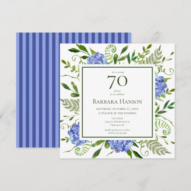Convite 70 Birthday Blue Hydrangeas (Frente/Verso)