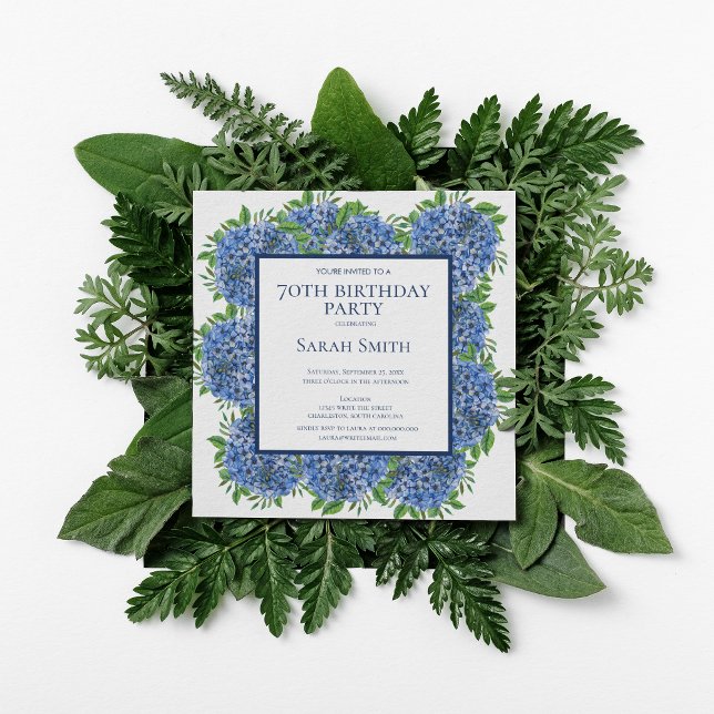 Convite 70 Birthday Blue Hydrangeas Watercolor Party Inv (Criador carregado)