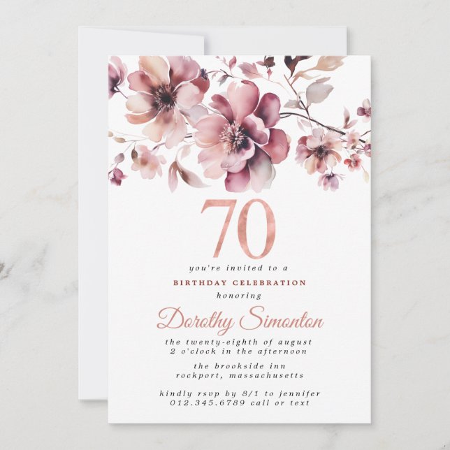 Convite 70 Birthday Burgundy Dusty Blush Rosa Floral (Frente)