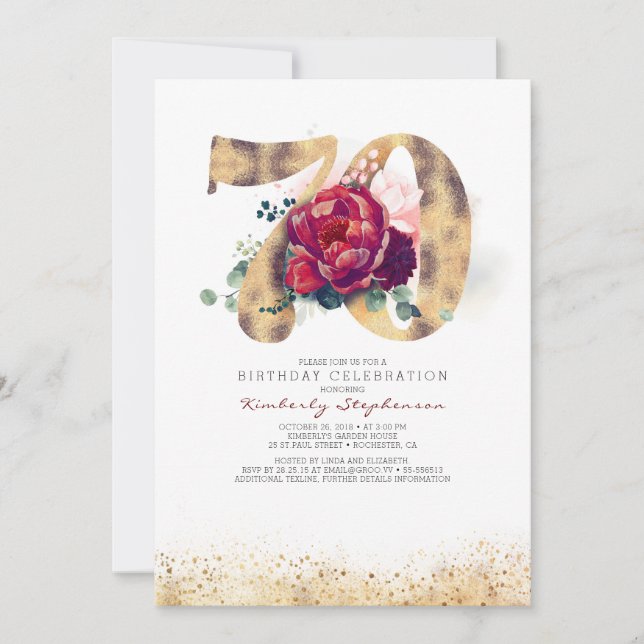 Convite 70 Birthday Burgundy Red e Dourada Glitter (Frente)