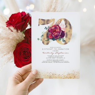 Convite 70 Birthday Burgundy Red e Dourada Glitter