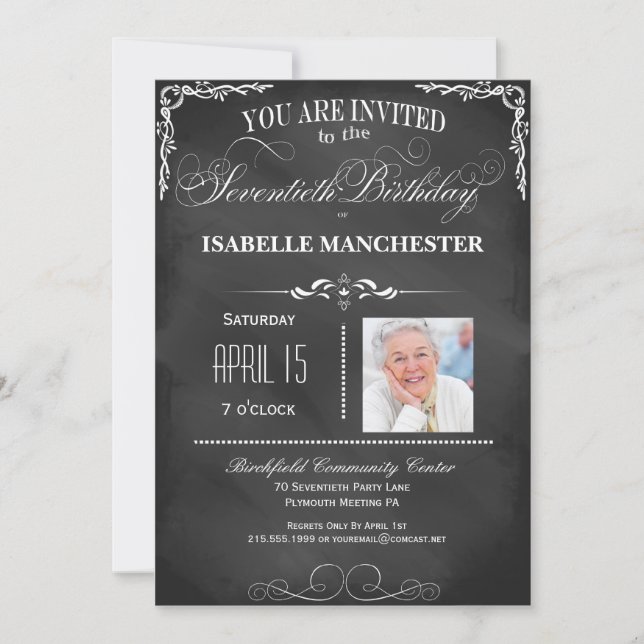 Convite 70 Birthday Chalkboard Typography Party (Frente)