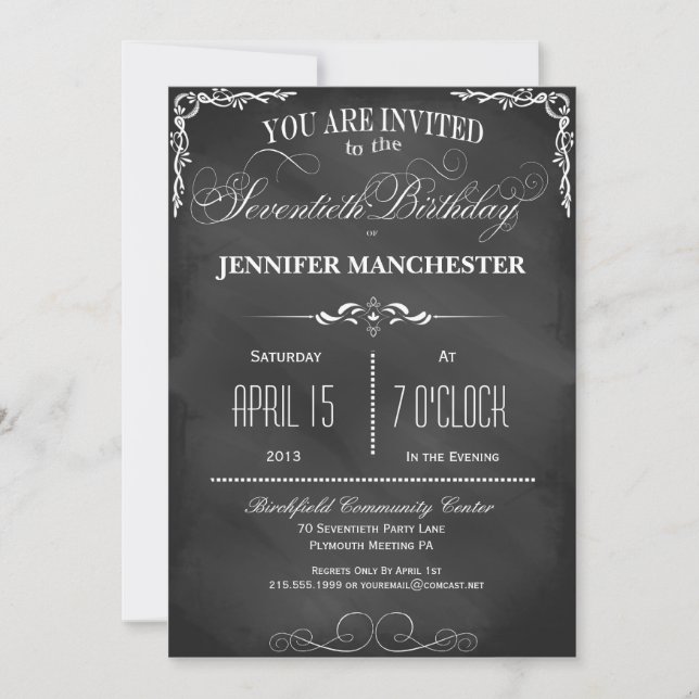 Convite 70 Birthday Chalkboard Typography Party (Frente)