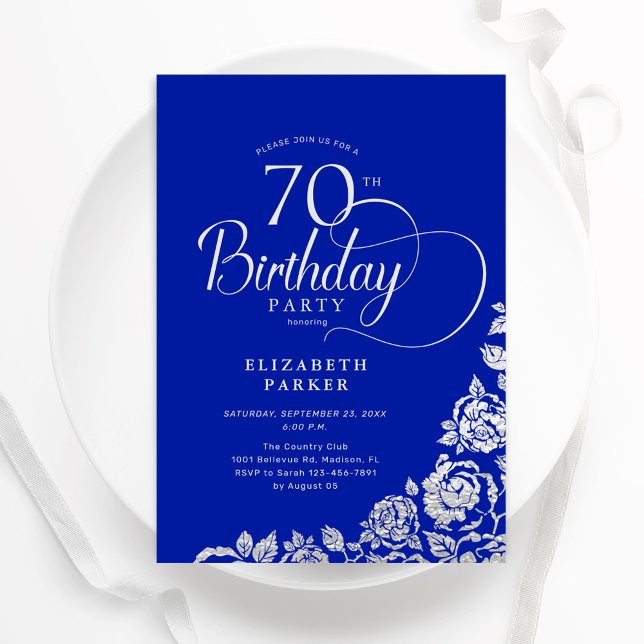 Convite 70 Birthday Elegant Royal Blue Silver Rosas (Criador carregado)