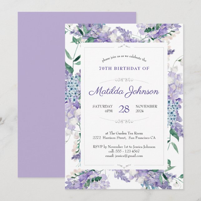 Convite 70 Birthday Floral Botânica Purple Watercolor (Frente/Verso)